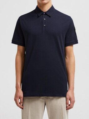 Moncler logo patch short sleeve polo shirt navy blue men's size 4